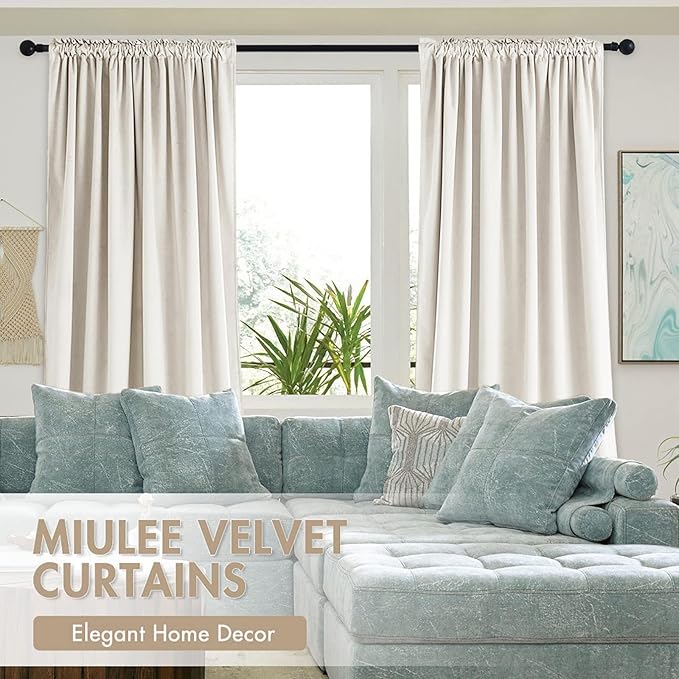MIULEE Ivory Velvet Curtains Thermal Insulated Blackout Curtain Drapes for Bedroom Living Room Darkening 90 Inches Long Curtains Panels Rod Pocket Set of 2