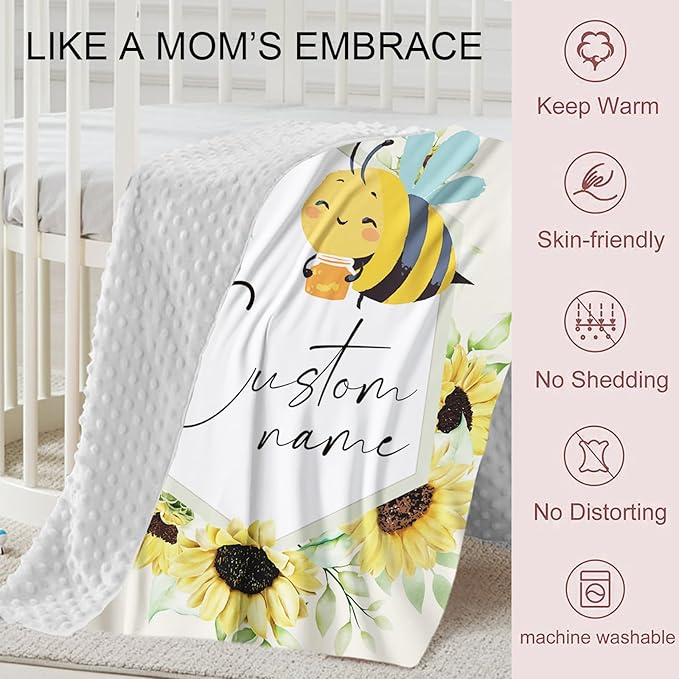 Personalized Crib Bedding Set for Boys Girls, Custom Baby Crib Sets with Name, Yellow Bee Design Nursery Bedding 2 Piece - Soft Blanket with Double Layer Dotted Backing, Crib Fitted Sheet