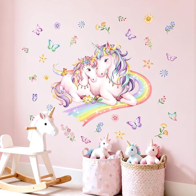 Tanlaby Rainbow Unicorn Wall Decals Flowers Butterflies Unicorn Wall Stickers Peel and Stick Wall Art Decor for Baby Nursery Girls Bedroom Daycare Playroom