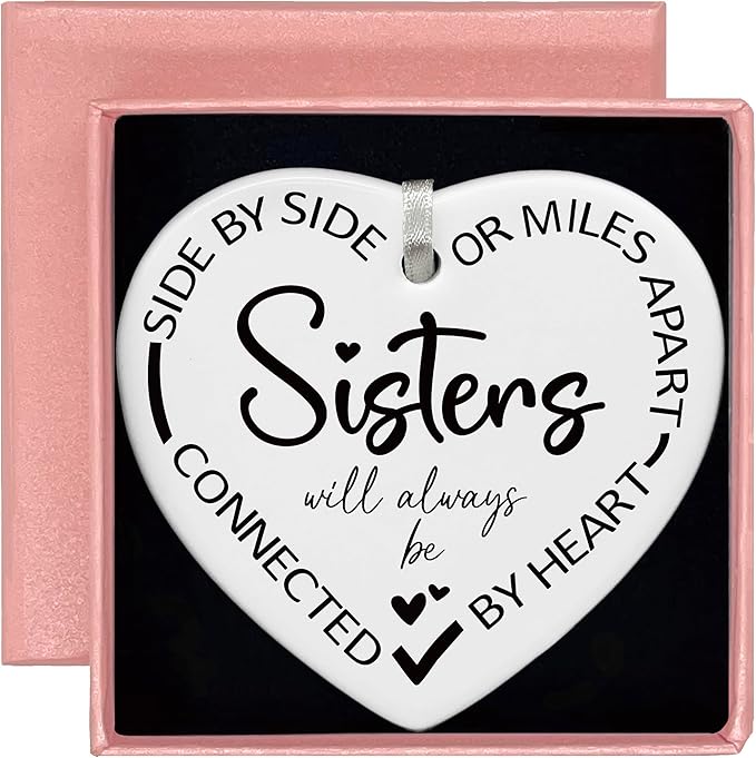 Heart Shaped Christmas Ornament-Emotional Gift for Women Sister in Law Best Friend Female BFF Bestie Unbiological Sister Birthday Present Side by Side Sisters Ceramic Keepsake Decor