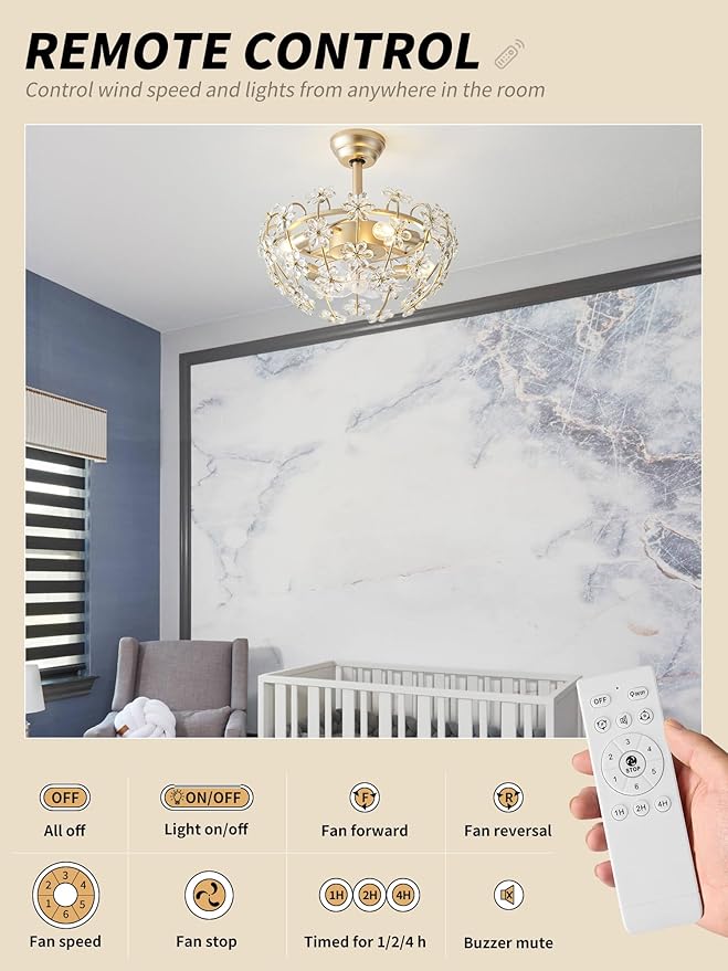 20" Gold Crystal Fandelier Ceiling Fan with Light, Mid-Century Flower Chandelier Ceiling Fan with Light Remote Control, Modern Caged 6 Speeds for Bedroom, Nursery, Foyer, Living Room