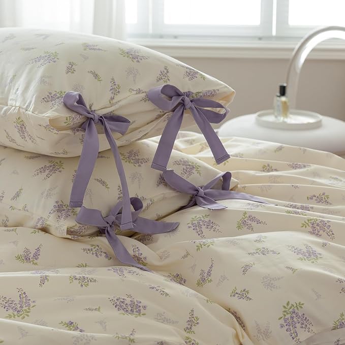 HighBuy Botanical Floral Duvet Cover Queen Boho Duvet Cover Set Soft Cotton Coquette Bedding White Duvet Cover Comforter Cover Vintage,Soft Cotton Queen Bedding Set with 2 Bowknot Bow Tie Pillowcases