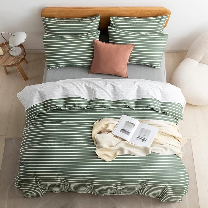 JELLYMONI Twin Duvet Cover Set, Cotton Duvet Cover 2 Pieces with Zipper Closure, 1 Duvet Cover and 1 Pillowcase(Green with White Striped)