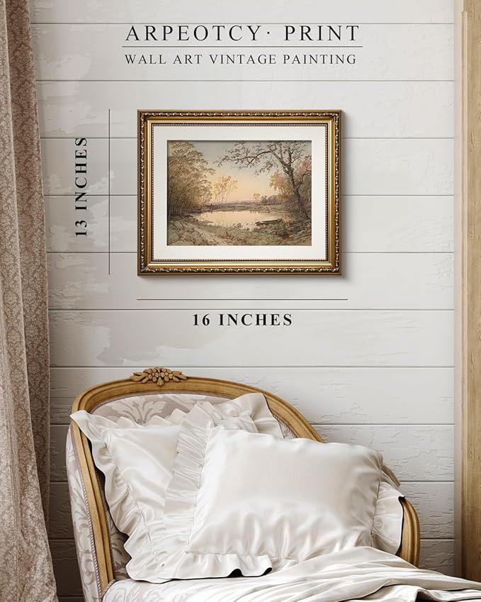 ARPEOTCY Vintage Gold Framed Wall Art, Nature Fall Landscape Riverside Trees Paintings, Victorian Wall Decor for Living Room Bedroom Bathroom, Canvas Prints Antique Pictures Frame Artwork, 13x16 inch