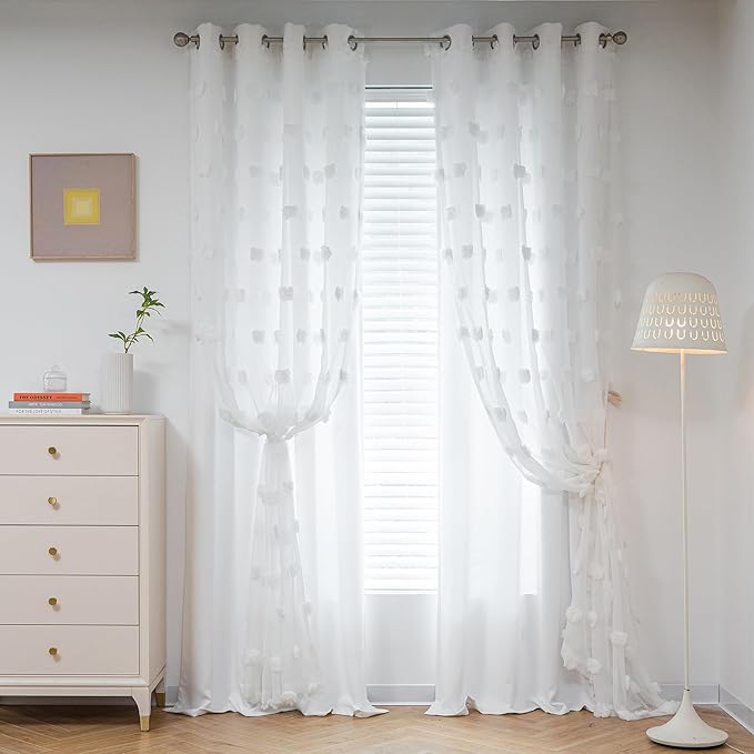 MYSKY HOME Curtains for Living Room and Bedroom - White Pom Pom Sheer Window Panels, 95 Inch Length, Room Darkening, Double Layer, Grommet, Extra Long
