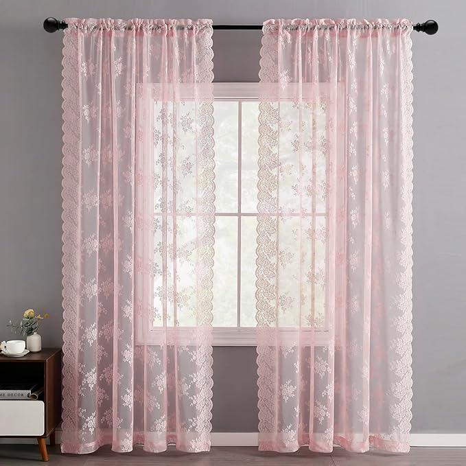 Kotile Pink Lace Curtains 45 Inch Length, Vintage Floral Embroidered Short Lace Cafe Curtains for Small Windows, Rod Pocket Privacy Sheer Lace Curtain 2 Panels Set, Each 52 x 45 Inch, Pink