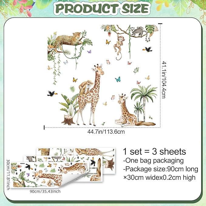 Jungle Safari Watercolor Wall Stickers - Large Removable Animal Wall Decals (Leopard, Giraffe, Monkey, Koala) with Tropical Plants Vines & Butterflies DIY Nursery Decor for Kids Bedroom, Classroom
