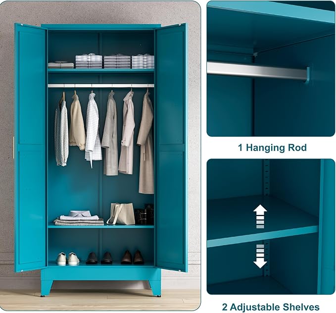 71'' Farmhouse Metal Wardrobe Cabinet with Hanging Rod, 2 Barn Door Wardrobe Closet with 2 Adjustable Shelves,for Dining Room,Bedroom,Living Room, Cloak Room,Office (Peacock Blue)