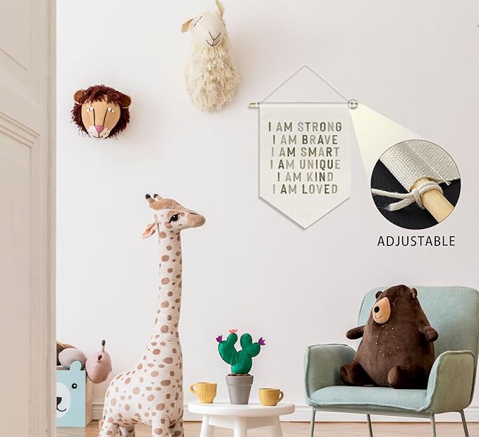 Kids Room Nursery Classroom Decor, Motivational Positive Affirmations Wall Decor for Kid Baby Boy Girl Bedroom Playroom, I Am Kind Hanging Canvas Banner, 15x11in