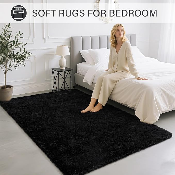 BENRON Fluffy Black Rugs for Living Room Bedroom 4x6, Soft Plush Fuzzy Shaggy Rugs for Kids Girls Boys Room Decor, Washable Indoor Floor Carpets