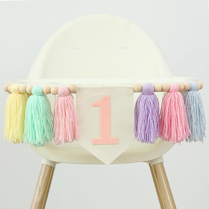 Boho Macaron Handmade 1st Birthday High Chair Banner First Highchair Banner For Baby Girls Wood Bead Tassel Garland 1 Birthday Party Decorations Princess Photoshoot Props Photo Props