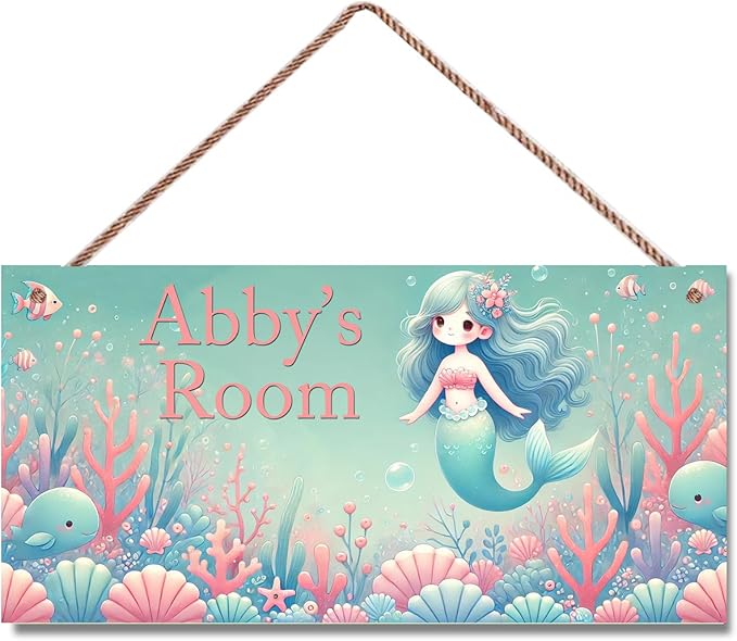 Personalized Vintage Mermaid Art Décor For Kids Room Custom Name Door Wall Decor, Ocean Floral Nursery Art Plate For Girls Bedroom Home Club Cabin Garage Bar