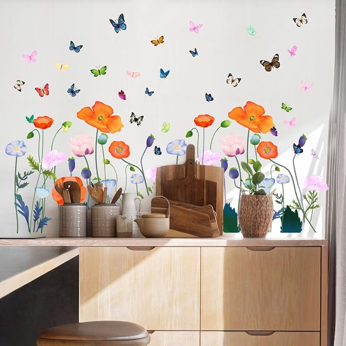 6 Pieces Flowers Wall Decals Vinyl Flowers Wall Stickers Removable Floral Murals Peel and Stick Colorful Flower Decor for Girls Bedroom Living Room Nursery (Orange)