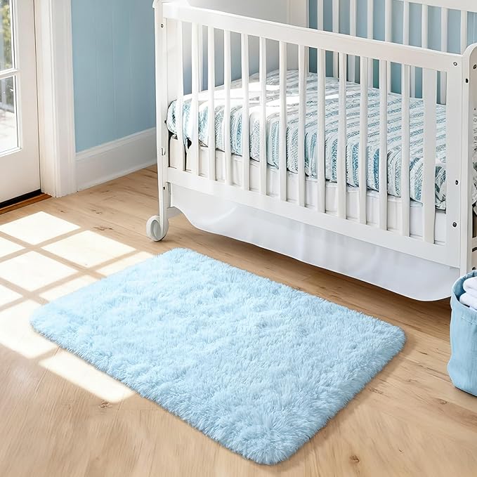 Merelax Fluffy Rug Shaggy Area Rug, Baby Blue 2x3 Small Rugs for Bedroom, Mini Fuzzy Plush Kids Bedside Rug, Soft Non-Slip Entryway Throw Rugs Shag Catpet for Living Room Nursery Room Home Decor