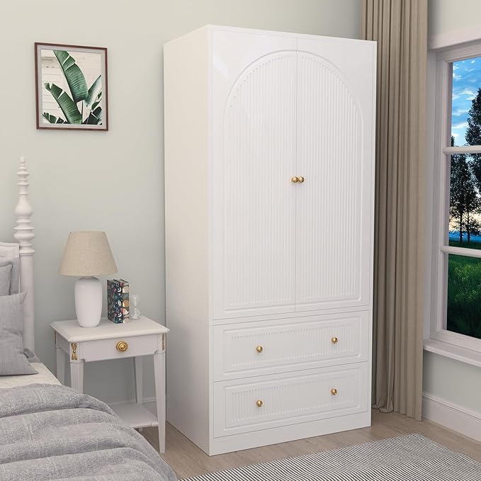 71" White Wardrobe Closet with 2 Door & 2 Drawers, Tall Armoire with Hanging Rod, Freestanding Large Capacity Clothing Wardrobe Cabinet w/Gold Handles for Bedroom