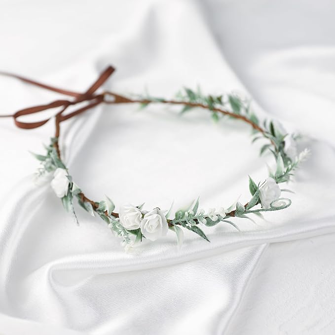Women Flower Crowns Fairy Wreath - White Headdress Renaissance Accessories Headpiece for Girls Lady in Bridal Wedding Halloween Party Festival Gifts Photography Rose