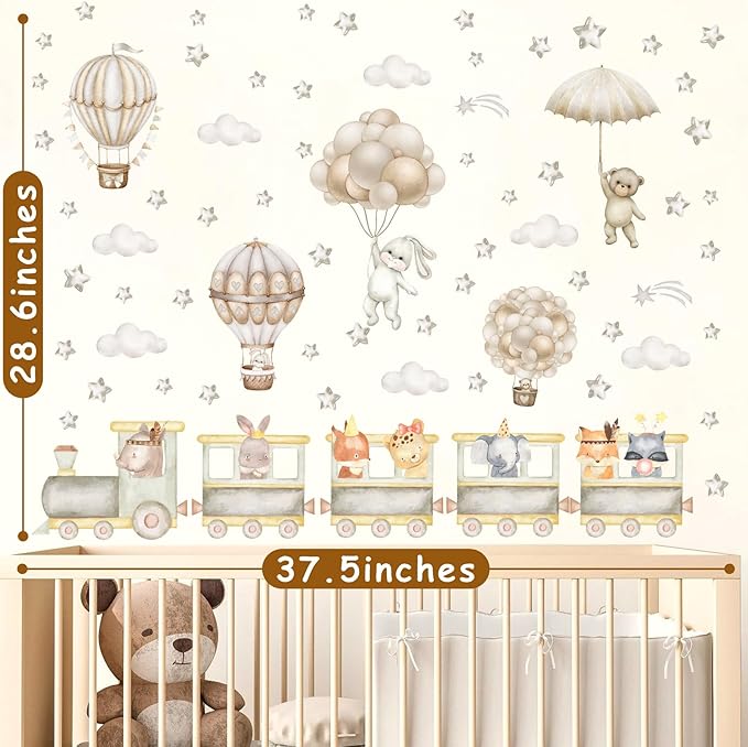 Train Animal Wall Decals Cartoon Hot Air Balloon Animal Wall Stickers Watercolor Star Cloud Decals Boho Nursery Decal Cute Animal Train Stickers for Kids Bedroom Baby Room Playroom Decor