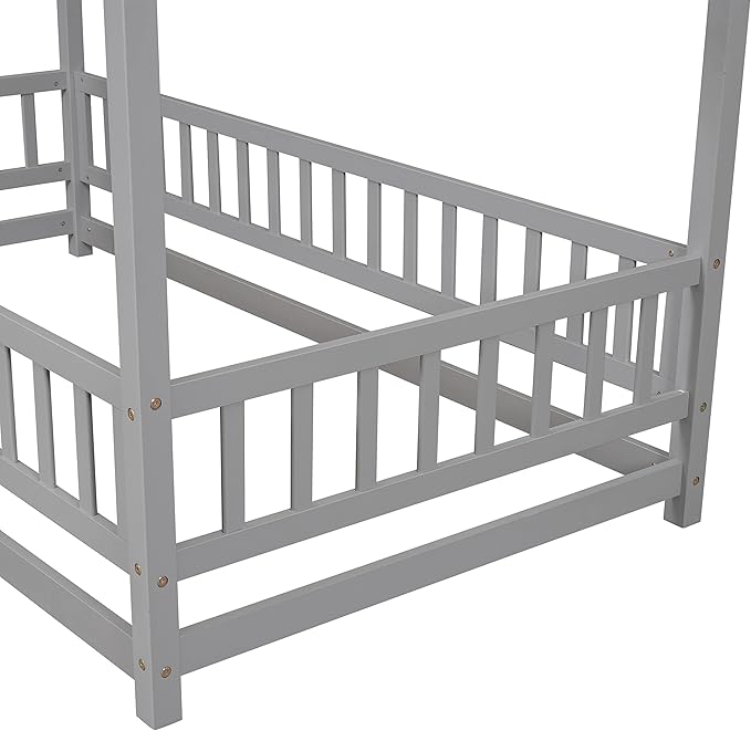 Bellemave Twin Size House Floor Bed Frame,Wooden Montessori Floor Bed with Fence for Kids,Twin Size Kids Bed,Gray