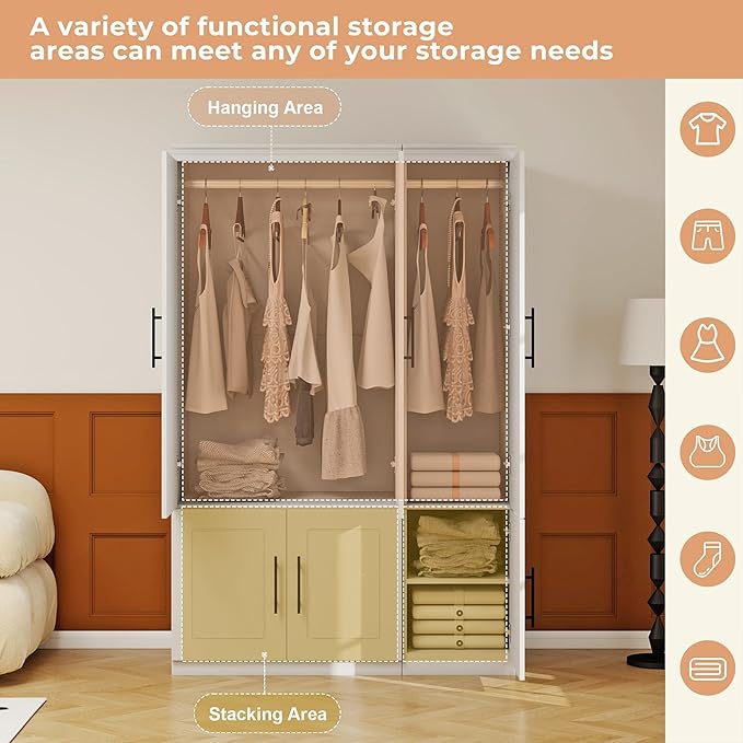 3 Door Armoire Wardrobe Closet with Mirror: White Wood Wardrobe Closet Cabinet Wooden Bedroom Armoire with Hanging Rods for Home/Bedroom/Living Room