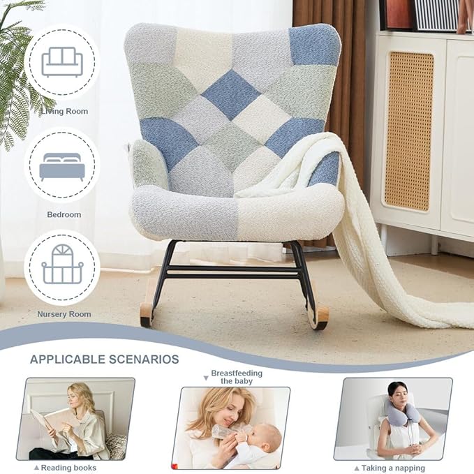 Nursery Rocking Chair Teddy Upholstered Glider Rocker Rocking Accent Chair with High Backrest Armchair Comfy Side Chair for Living Room, Bedroom, Offices (Spliced Blue)