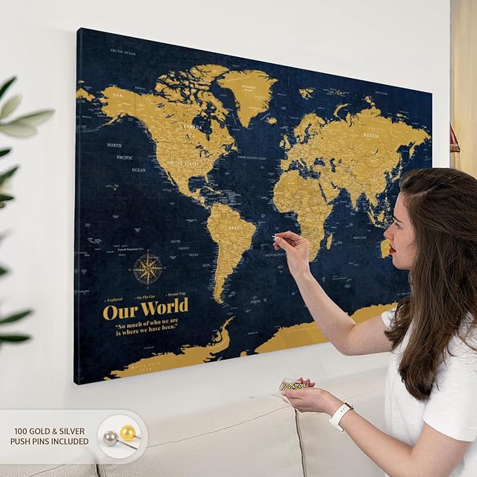 ElephantStock - Personalized Push Pin World Map - Gold Wall Art - Horizontal Canvas Wall Art - Living Room Wall Decor - Digital Art Map Canvas Art - Orange And Blue Decor - 48" x 32"