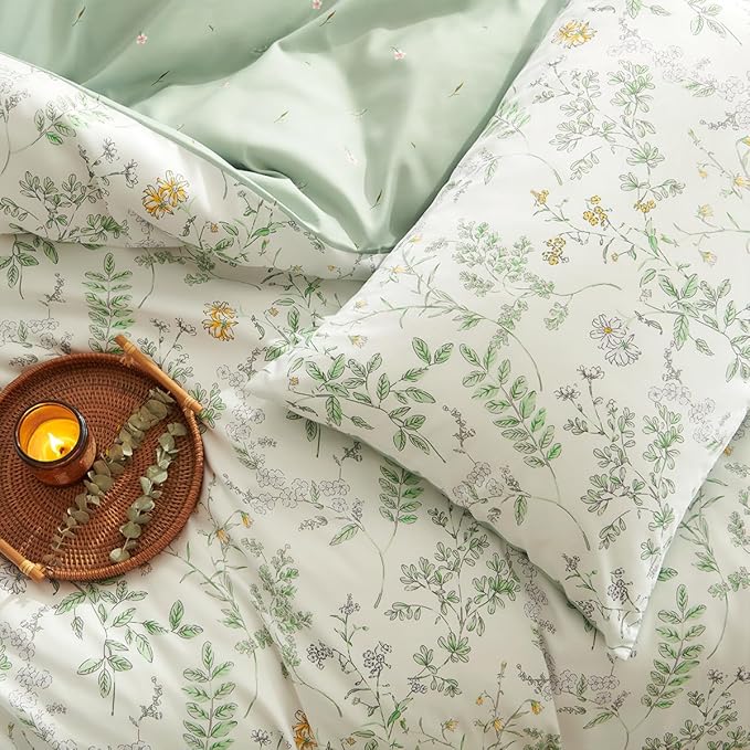 Botanical Duvet Cover Twin Sage Green Reversible Floral Bedding Set Farmhouse Leaf Bedding 2Pcs Modern Aesthetic Duvet Covers with Zipper Closure Ultra Soft Microfiber