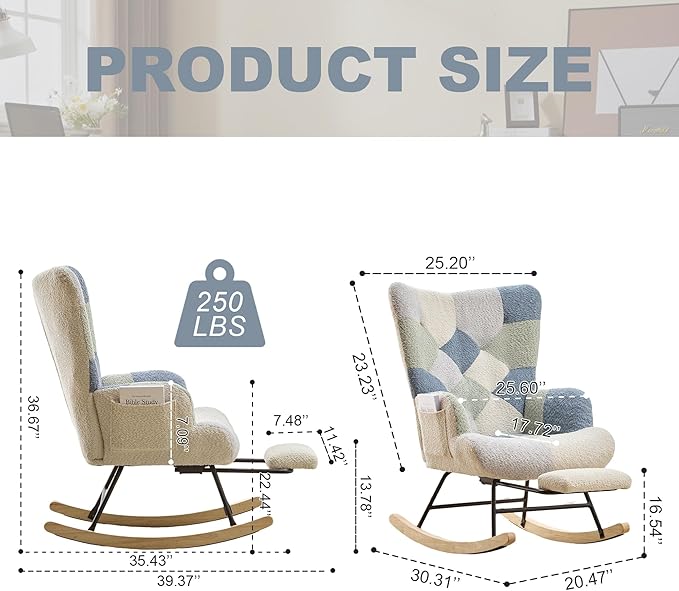 Nursery Rocking Chair Teddy Upholstered Glider Rocker with Footrest Accent Chair with High Backrest Armchair Comfy Side Pocket Chair for Living Room, Bedroom, Offices (Large Spliced Blue)