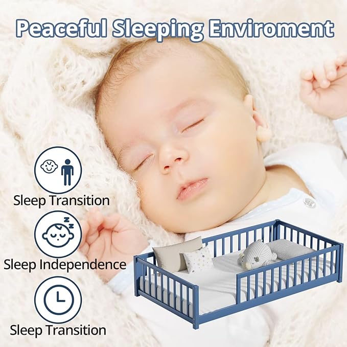 LLS Twin Floor Bed for Kids Toddlers, Solid Wood Multifunctional Montessori Bed Frame with Safety Guardrails, Without Door, Easy Assemble, Mist Blue