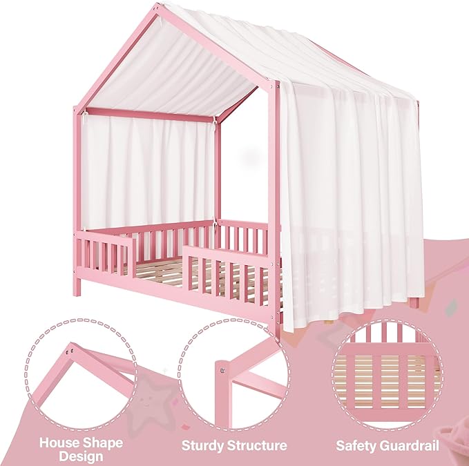 Montessori Floor Bed with Canopy, High Railings and Roof, Full Size Wood House Bed Frame for Kids Bedroom (Pink/C)