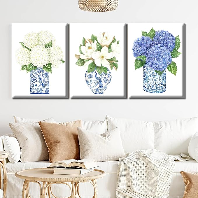 LUHDFYS Blue White Willow Style Ginger Jar Watercolor Chinoiserie Decor Canvas Painting Orchid Oriental Vase Porcelain Flower Jar Prints Wrapped Canvas (12x16Inch Wrapped Canvas)