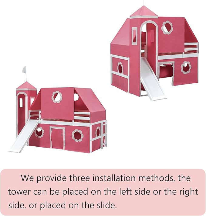 Polibi Castle Loft Bed with Slide & Tent and Tower, Playhouse Design Spacious Under Bed Space with Curtains, Wood Tent Bed Frame for Kids Boys Girls (Pink, Twin)