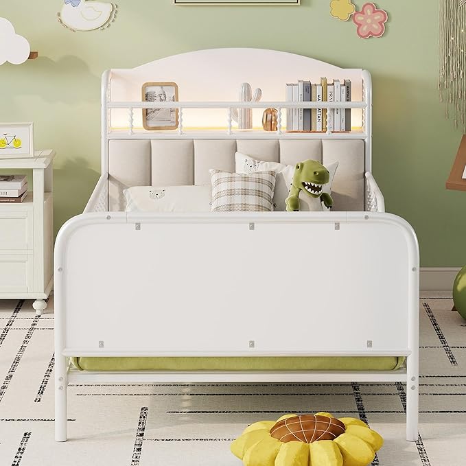 Ball & Cast Twin Size Toddler Bed W/LED Light,Metal Bed W/Linen Fabric Upholstered Storage Headboard,Platform Bed Frame W/Safety Guardrails & Low Profile Design,for Boys Girls,White