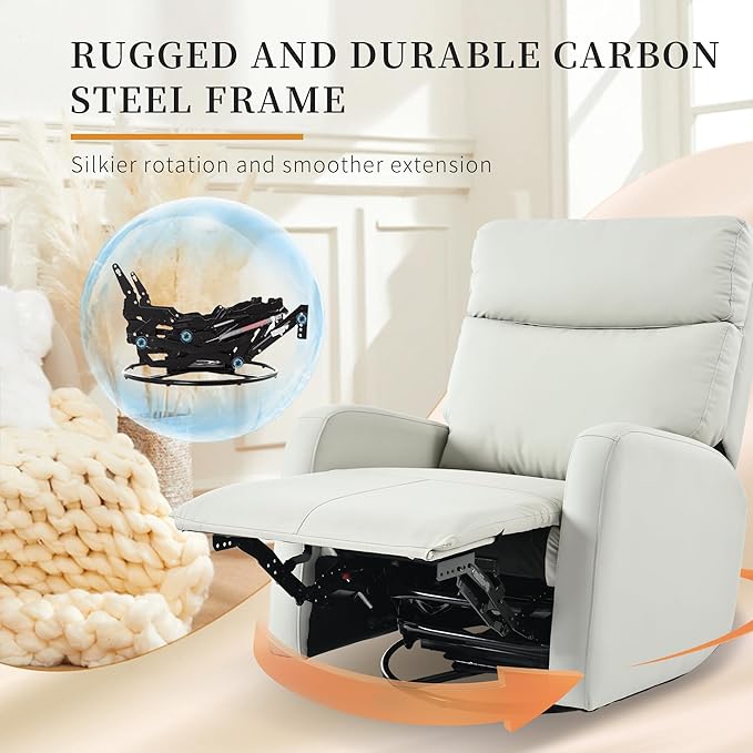 Swivel Rocker Recliner Chair for Nursery, Upholstered 360° Leather-air Glider Rocking Chair with Phone Holder, Manual Small Recliners for Small Spaces Living Room