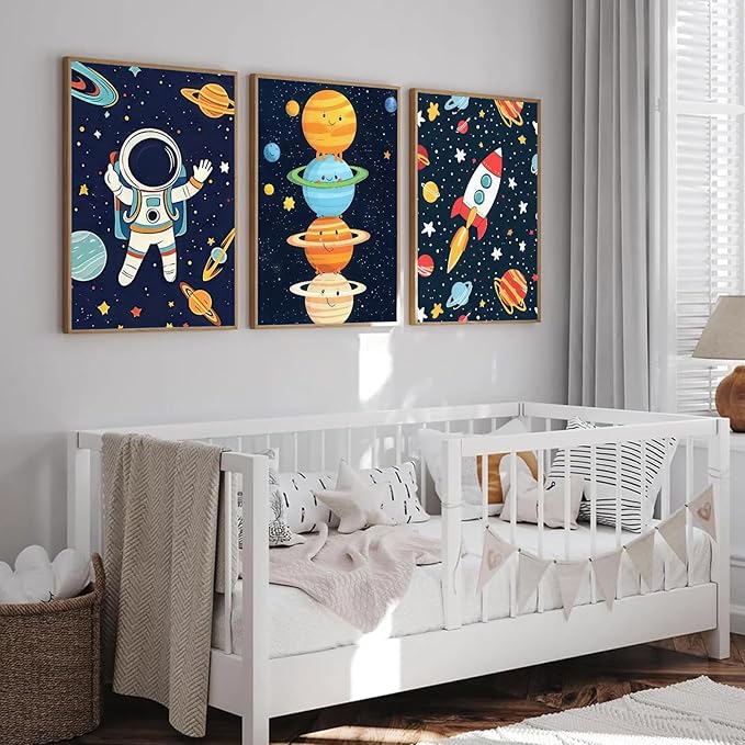 3Pcs Space Nursery Wall Art Whimsical Outer Space Astronauts Kid Decor Pictures Rocket Planet Posters Prints for Boys Room Girls Room Kids Room Decoration Unframed