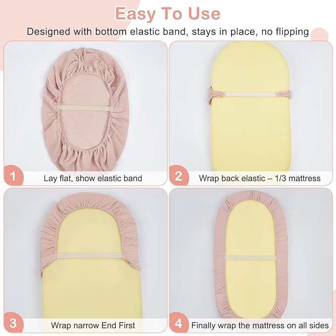 Basumee Muslin Bassinet Sheets for Baby Girl Boy 2 Pack Soft Breathable Baby Bedside Bassinet Fitted Sheets with Bottom Elastic Band 33''x17''x4'' Mattress Cover for Rectangle Oval Hourglass Bassinets