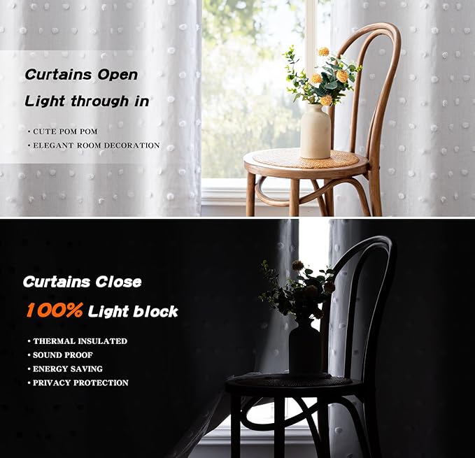 MYSKY HOME 100% Blackout Curtains for Bedroom White Blackout Curtains 54 Inches Long Thermal Insulated 2 Panels Short Kitchen Curtains with White Pom Pom Sheer Room Darkening Back Tab, 52 x 54 Inch