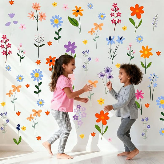 102Pcs Flower Wall Decals Peel and Stick, DIY Spring Themed Floral Wall Stickers, Removable Wildflower Spring Art for Girls Bedroom, Kids Room, Nursery, Living Room, Bathroom, Kitchen Home Wall Decor