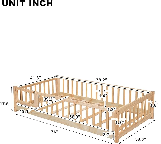 Twin Size Montessori Floor Bed Frame with Door,Wood Montessori Bed w/Guardrails & Wood Slats for Girls & Boys,Natural