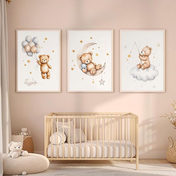 3Pcs Teddy Bear Nursery Wall Art Bear Sleeping on The Moon and Stars Wall Decor Pictures Balloon Cloud Neutral Canvas Poster Prints for Kids Baby Room Kindergarten Home Decoration 12x16in Unframed