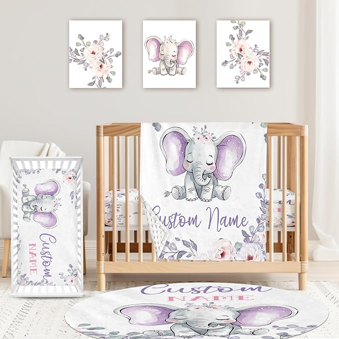 Custom Baby Crib Bedding Set,Personalized Name Light Purple Elephant Nursery Bed Set 4 Piece,Baby Blanket Fitted Sheet Nursery Rug Wall Art Set,Custom Room Decor Idea Gift for Newborns Boys Girls
