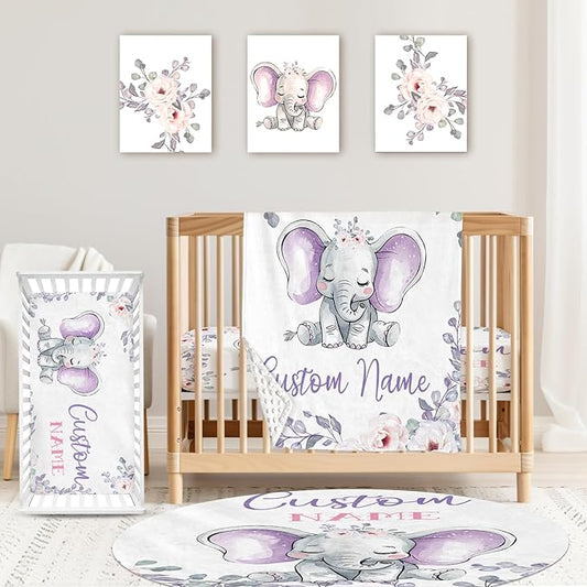 Custom Baby Crib Bedding Set,Personalized Name Light Purple Elephant Nursery Bed Set 4 Piece,Baby Blanket Fitted Sheet Nursery Rug Wall Art Set,Custom Room Decor Idea Gift for Newborns Boys Girls