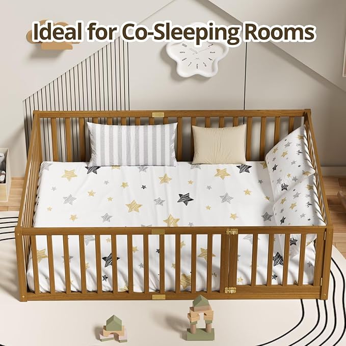LLS Full Size Floor Bed with 21.6" High Fence for Kids Boys Girls, Solid Wood Multifunctional Montessori Bed Frame with Door, Without Slats, Light Espresso