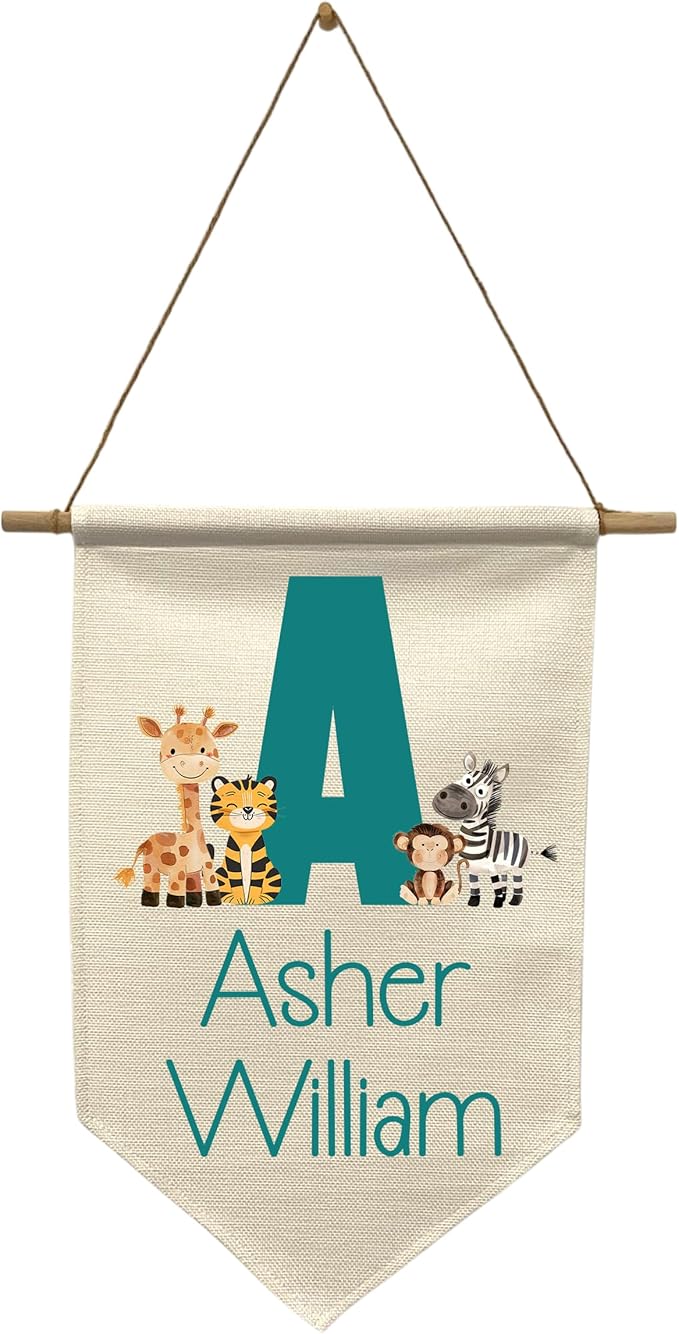 Custom Nursery Wall Hanging with Name – Personalized Zoo Aminal Banner with Initial- Kids Room Decor – Sign for Nursery, Bedroom, or Playroom