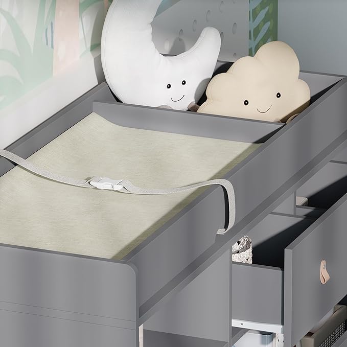 Baby Changing Table Dresser with 5 Drawers, Baby Nursery Dresser with Tilt Out Laundry Basket, Infant Changing Station Organizer for Nursery and Bedroom, Grey (45" W x 18" D x 37" H)