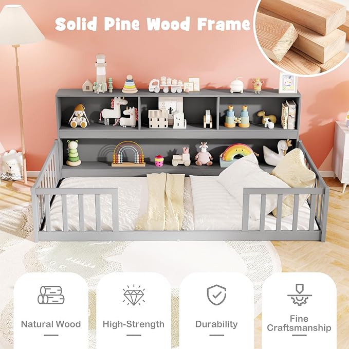 KOMFOTT Twin Floor Bed with Bookcase & Shelves, Wood Bed Frame with Bedside Bookshelves & Guardrails, Versatile 2-in-1 Montessori Floor Bed for Kids (Grey)