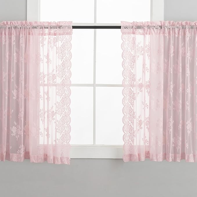 Pink Short Lace Curtains 36 Inch Length, 2 Panels, W42 x L36 Inch Each, Country Rustic Floral Short Sheer Curtains for Kitchen Window Over Sink, Rod Pocket Privacy Light Filtering Small Cafe Curtains
