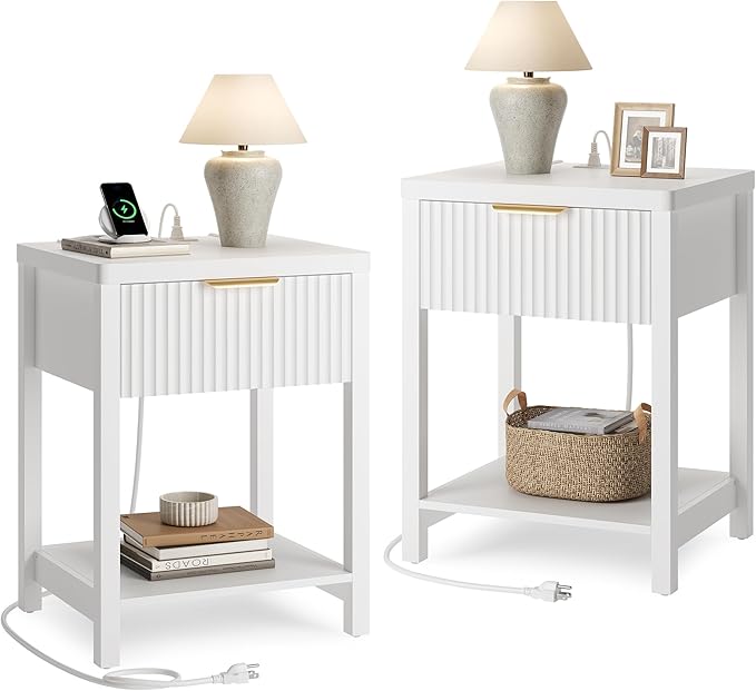 Lulive Night Stand Set 2, Fluted Nightstand with Charging Station, Wood Modern Bedside End Table with Storage Drawer for Bedroom, Save Space (Set of 2, White)