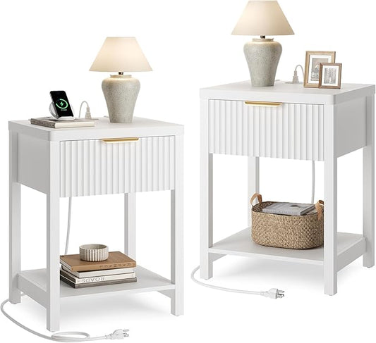 Lulive Night Stand Set 2, Fluted Nightstand with Charging Station, Wood Modern Bedside End Table with Storage Drawer for Bedroom, Save Space (Set of 2, White)
