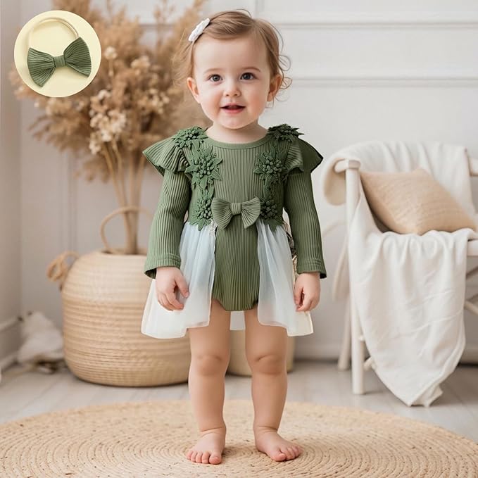 Giraropa Baby Girl Fall Winter Clothes Long Sleeve Romper Dress + Socks + Headband Newborn Infant Cute Casual Outfits