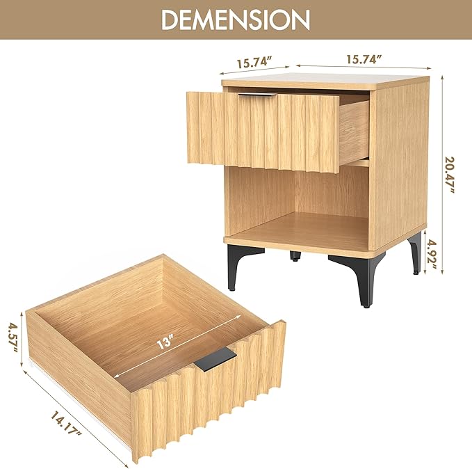 Night Stand, Two-Tier Modern Bedside Table with Open Shelf (Natural)